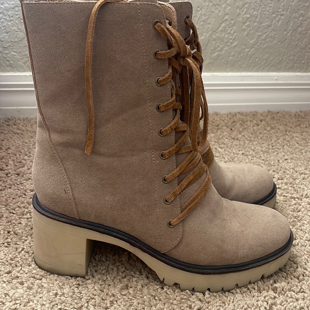 Tan lace up side zip boots